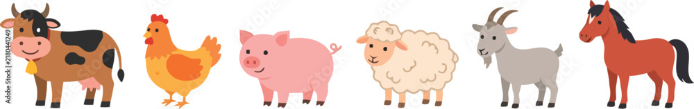 Obraz premium A collection of cute cartoon farm animals standing in a row.