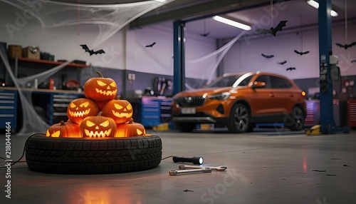 stack of  Halloween pumpkins inside a car tire at an auto repair shop. Concept for Halloween car service discounts and seasonal tire change. Space for text. Blurred background 
