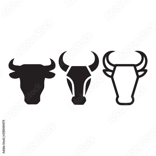 Bull Head Silhouette Line Art Vector Icon Set On White Background.