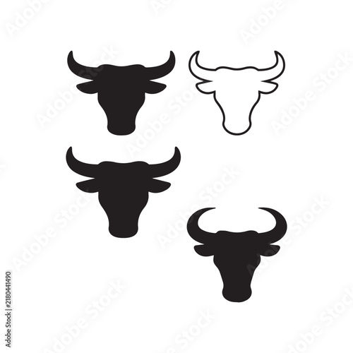 Bull Head Silhouette Line Art Vector Icon Set On White Background.