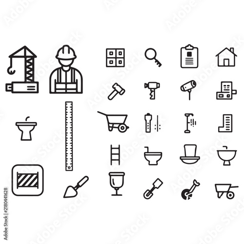 Construction Tools And Equipment Line Icon Set Vector Illustration White Background. 