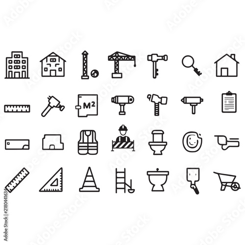 Construction Tools And Equipment Line Icon Set Vector Illustration White Background. 