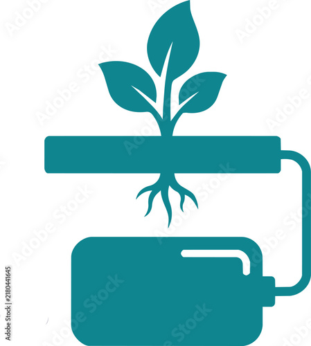 Teal icon of a plant growing from a horizontal bar connected to a battery, hydroponics concept