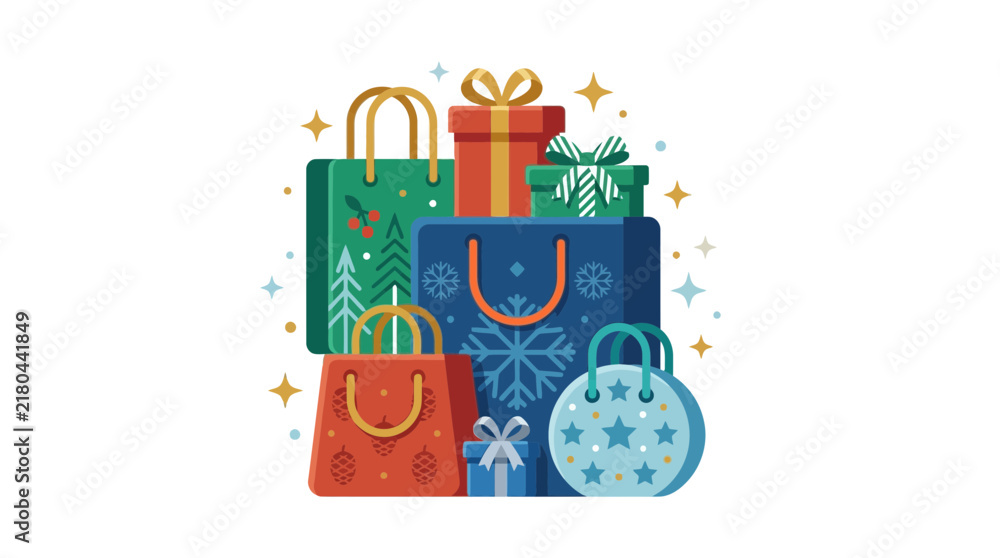 Fototapeta premium Christmas shopping bags and gift boxes with festive winter patterns and holiday decorations.