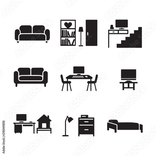 Home Office Furniture Glyph Icon Set Vector Illustration On White Background.