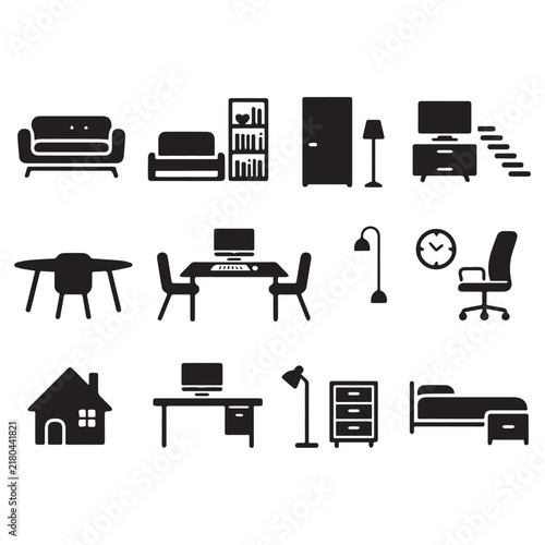 Home Office Furniture Glyph Icon Set Vector Illustration On White Background.