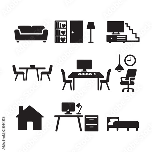 Home Office Furniture Glyph Icon Set Vector Illustration On White Background.