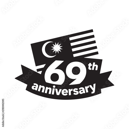 Malaysia 69th Independence Day Anniversary Ribbon Logo Vector Illustration Black Silhouette. 