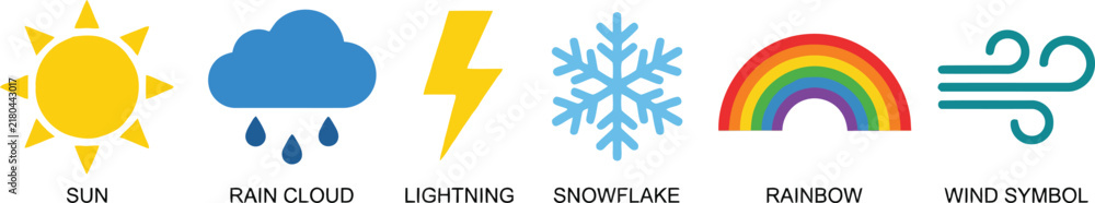 Obraz premium Set of colorful weather icons featuring sun rain cloud lightning snowflake rainbow and wind symbols.