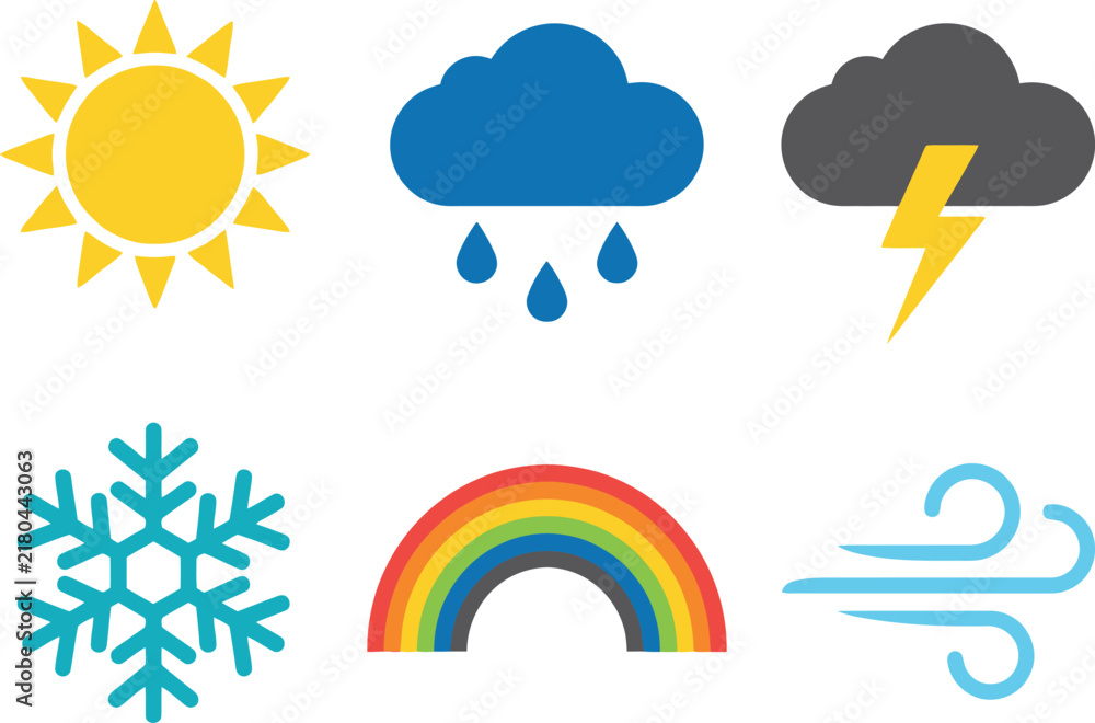 Obraz premium A collection of six colorful weather icons representing sun rain storm snow rainbow and wind.