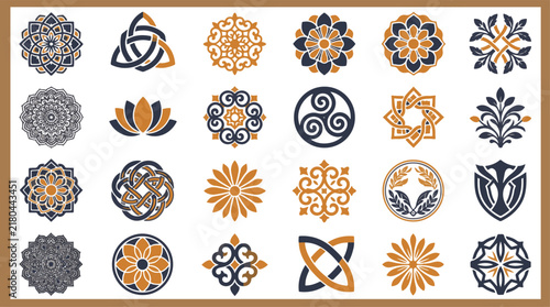 Colorful Geometric Ornamental Symbol Collection with Intricate Floral and Circular Designs