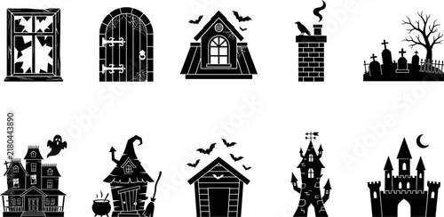 Bild auf Leinwand Collection of halloween themed architectural icons including haunted houses, gra