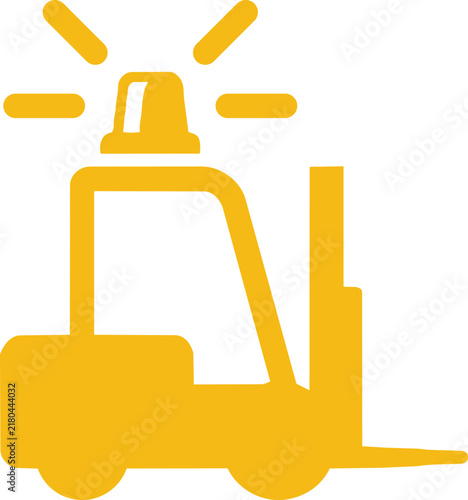 Yellow forklift icon with flashing beacon light, flat symbol for warehouse and industrial safety