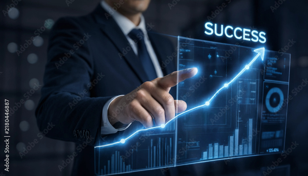 Obraz premium Businessman pointing at rising success trend graph on futuristic virtual touch screen