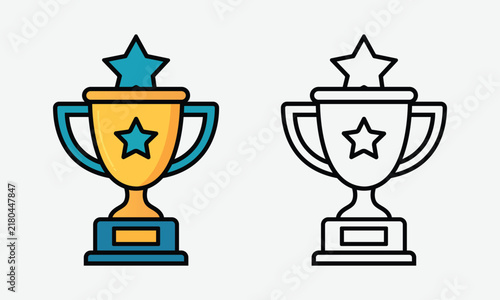 Winner Trophy Cup Outline and Color Icon Set