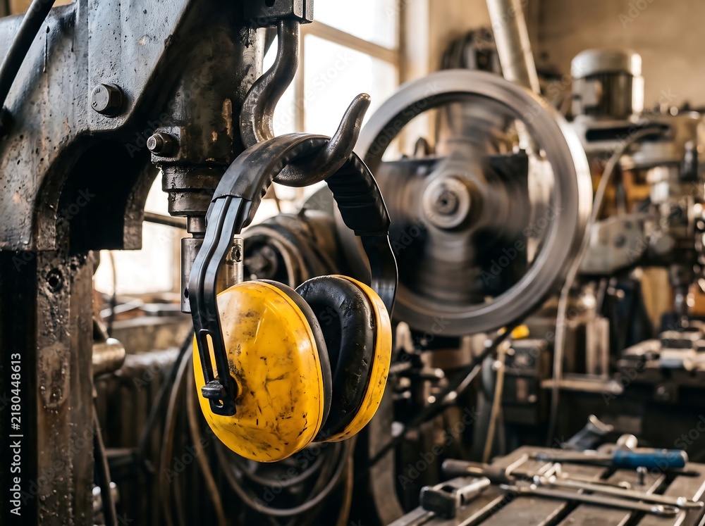 Fototapeta premium Industrial Safety Workshop Hearing Protection Gear, Yellow Black Earmuffs on Machine, Noise Control Equipment, Workplace Safety Precaution, Mechanical Shop Protective Essentials