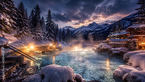 Steaming geothermal hot spring pool surrounded by pine forest and snow covered mountains at Banff