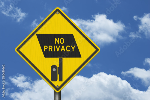 Fotografie Surveillance camera icon with No Privacy text yellow warning sign with sky for l