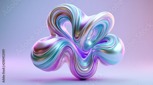 Abstract 3D shape floating on pastel background, vibrant colors purple, blue, pink, green, swirling patterns resembling smoke or liquid, optical illusion of movement, surreal artwork, - AI-Generated