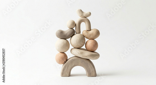 Minimalist abstract clay sculpture with balanced organic shapes in neutral earth tones.
