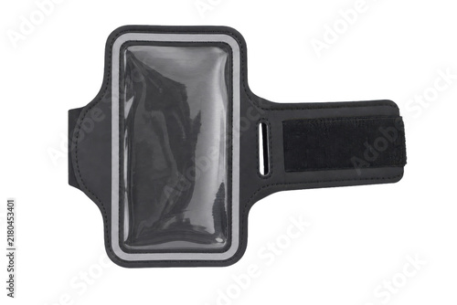 фотографія Black neoprene sports armband with a clear plastic window and reflective trim is