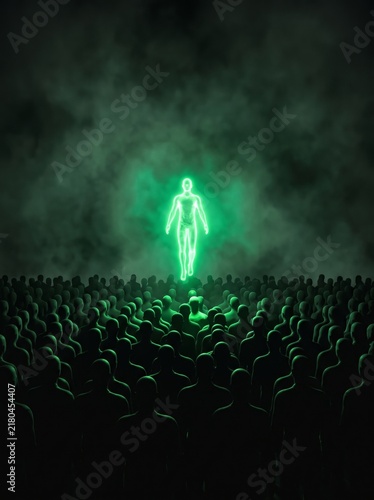 A luminous figure floats gracefully above a gathering in a magical and enchanting setting