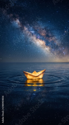 A glowing paper boat drifting on cosmic waters under a star filled night sky