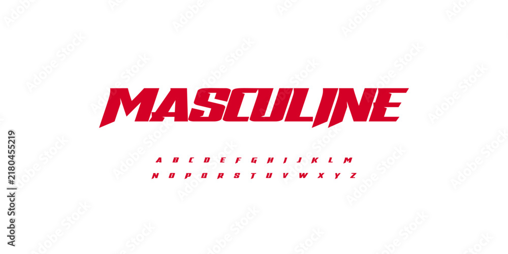 Fototapeta premium Masculine Font Action Sport Logo Alphabet Sharp Bold Italic Letter Set Red Typography, Sporty Typographic Design for Combat Title, Race Poster Headline, Speed Racing Logotype. Energy Vector Typeface