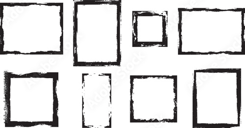 Set of distressed rectangular frames with thick, uneven black ink borders and a grunge texture on a plain white background surface