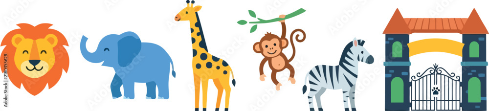 Fototapeta premium A collection of cute cartoon zoo animals including a lion elephant giraffe monkey and zebra with a zoo entrance gate.