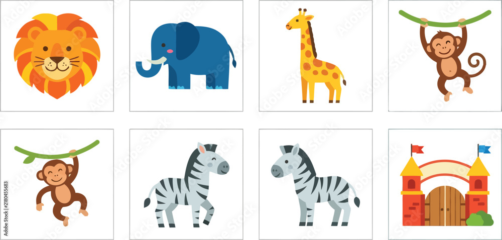 Obraz premium A collection of cute cartoon zoo animals including a lion elephant giraffe monkey and zebra.
