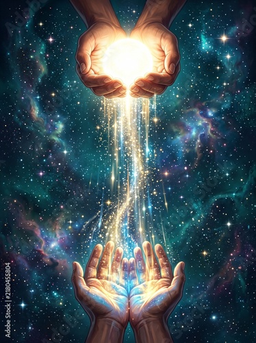 Hands cradling a cascade of shimmering stardust in a vast cosmic universe