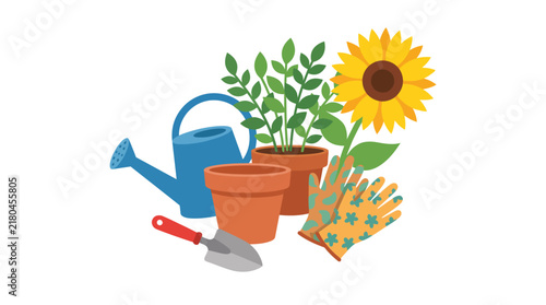 Gardening tools set with watering can flower pots sunflower and plants flat illustration