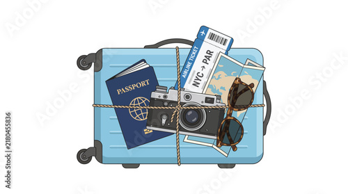 Travel luggage set with suitcase camera passport tickets and binoculars vacation icons