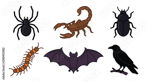 Halloween creepy insects and animals set with spider scorpion bat crow and centipede