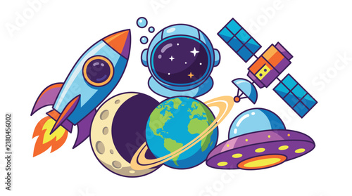 Space exploration set with rocket astronaut planets UFO and satellite cartoon icons