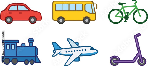 Transportation vehicle set with car bus bicycle train airplane and scooter icons