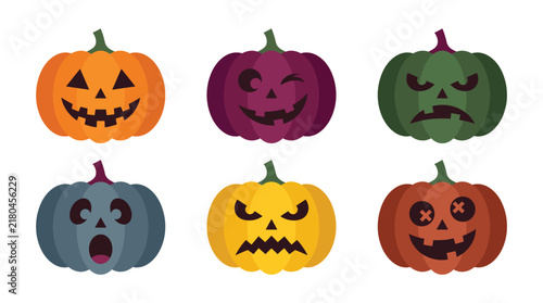 Six colorful jack o lantern pumpkin faces with different expressions Halloween icons