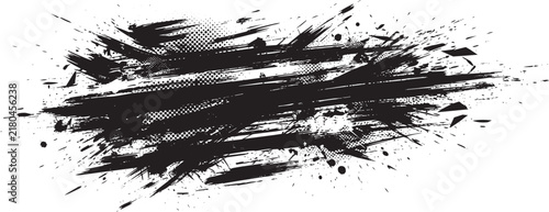 Abstract black ink brush strokes and paint splatter texture with halftone dots on a clean white background, for grunge