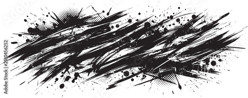 Abstract black ink brush strokes and paint splatter texture with halftone dots on a clean white background, for grunge