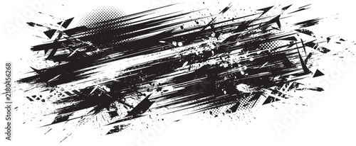 Abstract black ink brush strokes and paint splatter texture with halftone dots on a clean white background, for grunge