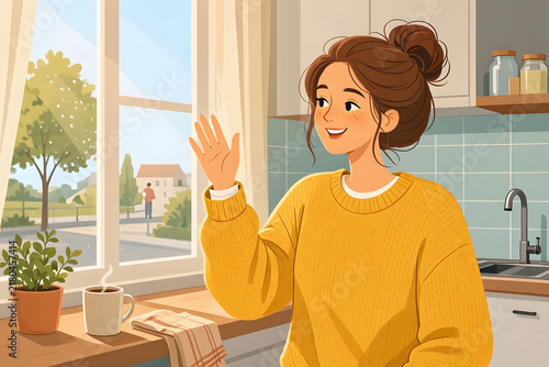 A young woman with freckles and a messy bun in a cozy oversized yellow sweater waves warmly from a sunlit kitchen window. Podcast cover for home life and connection themes.