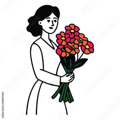 Woman holding bouquet of flowers black line art illustration