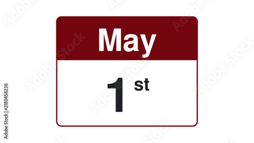 May 1st calendar card with bold typography and maroon header