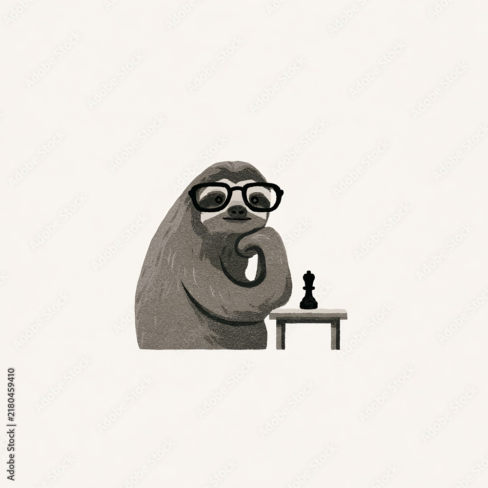 Obraz premium Sloth playing chess wearing glasses, thoughtful animal illustration