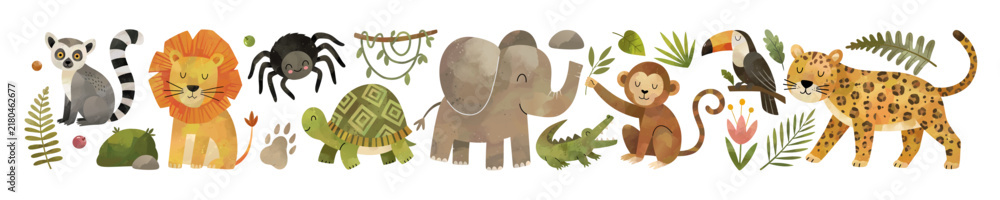 Obraz premium Watercolor border with wild jungle animals, palm leaves. African safari animals divider. Elephant, leopard, lion, monkey, turtle, lemur