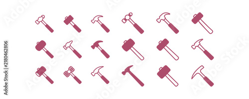 A collection of different types of construction hammers displayed as flat icons on light background