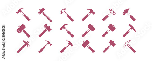 A collection of diverse construction hammer icons displayed in a flat vector style