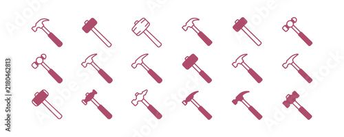 A collection of different types of hammers and mallets displayed as flat vector icons