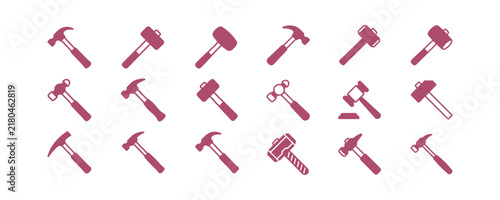 A collection of diverse hammer and mallet icons displayed in a flat minimalist style